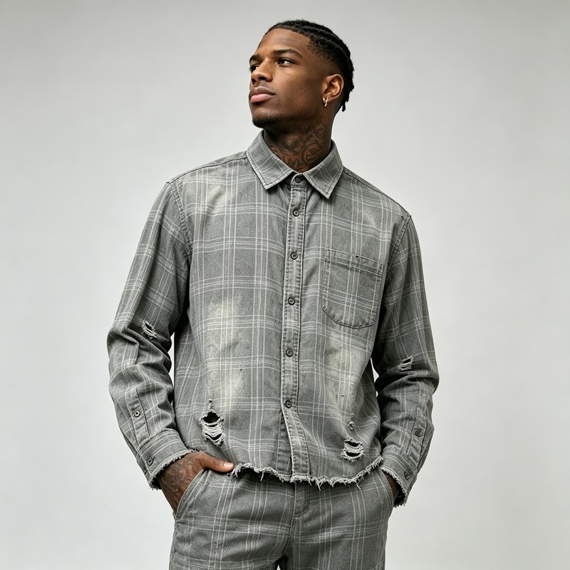 Distressed Ripped Raw Edge Plaid Cropped Shirt