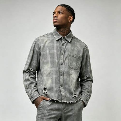 Distressed Ripped Raw Edge Plaid Cropped Shirt |100% Cotton Plaid Woven | Custom Streetwear Manufacturer