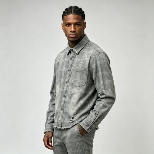 Distressed Ripped Raw Edge Plaid Cropped Shirt |100% Cotton Plaid Woven | Custom Streetwear Manufacturer