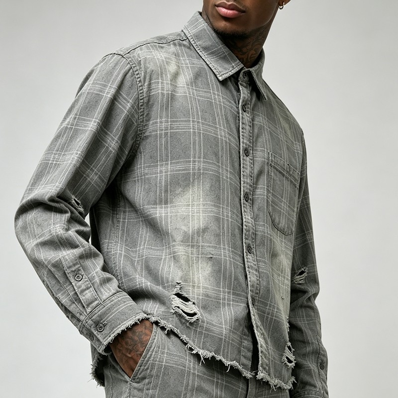 Distressed Ripped Raw Edge Plaid Cropped Shirt