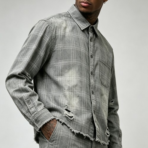 Distressed Ripped Raw Edge Plaid Cropped Shirt |100% Cotton Plaid Woven | Custom Streetwear Manufacturer