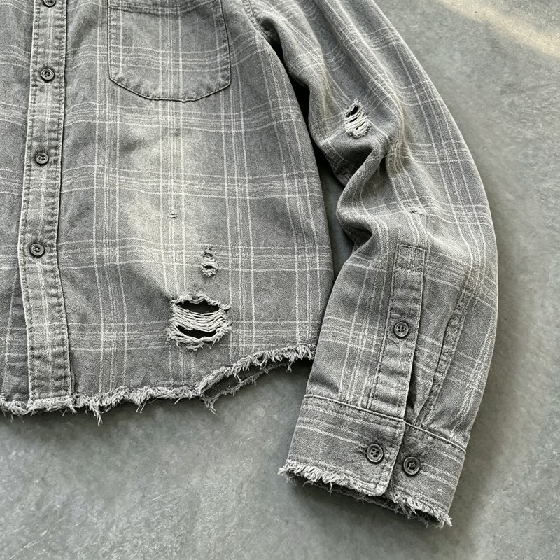 Distressed Ripped Raw Edge Plaid Cropped Shirt