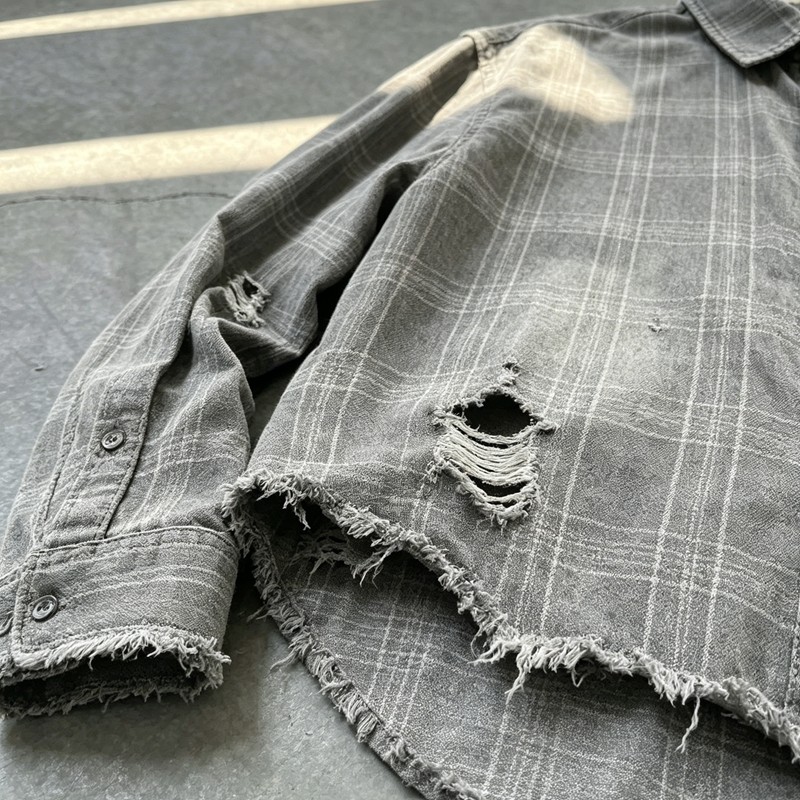 Distressed Ripped Raw Edge Plaid Cropped Shirt