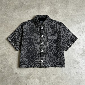 Embroidered Cropped Leopard Zebra Shirt | Distressed Raw Edge Short Sleeve | Clothing Manufacturer