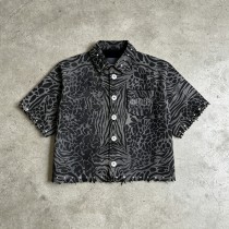 Embroidered Cropped Leopard Zebra Shirt | Distressed Raw Edge Short Sleeve | Clothing Manufacturer