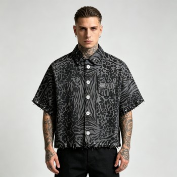 Embroidered Cropped Leopard Zebra Shirt | Distressed Raw Edge Short Sleeve | Clothing Manufacturer