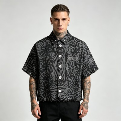 Embroidered Cropped Leopard Zebra Shirt | Distressed Raw Edge Short Sleeve | Clothing Manufacturer