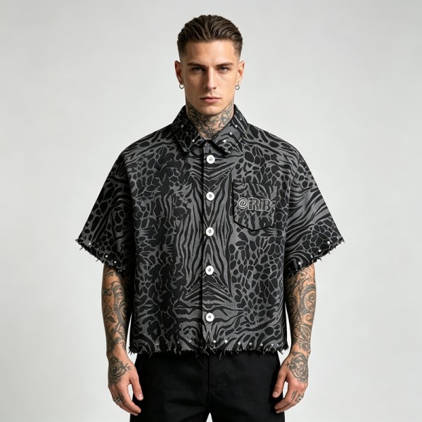 Embroidered Cropped Leopard Zebra Shirt | Distressed Raw Edge Short Sleeve | Clothing Manufacturer