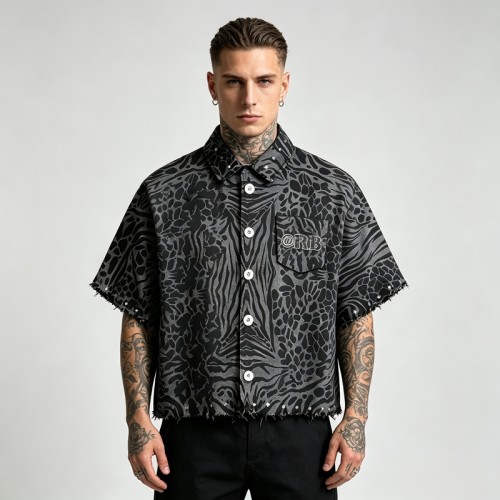 Embroidered Cropped Leopard Zebra Shirt | Distressed Raw Edge Short Sleeve | Clothing Manufacturer
