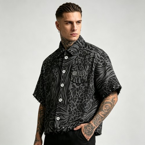 Embroidered Cropped Leopard Zebra Shirt | Distressed Raw Edge Short Sleeve | Clothing Manufacturer