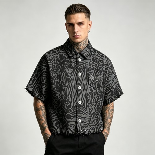 Embroidered Cropped Leopard Zebra Shirt | Distressed Raw Edge Short Sleeve | Clothing Manufacturer