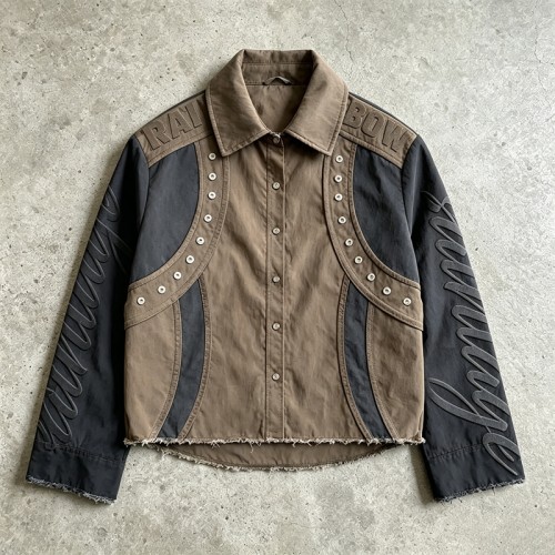 3D Embroidery Button up Crop Shirt | Raw Edge | Color Block Cotton Blend | Custom Streetwear