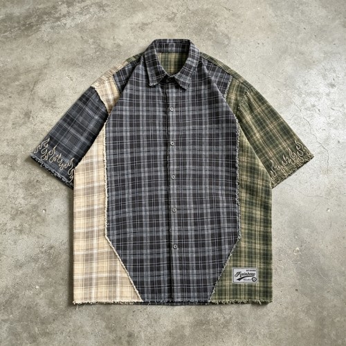 Woven Label Embroidered Plaid Short Sleeve Shirt | Raw Edge | 100% Cotton Plaid Fabric | Custom Streetwear