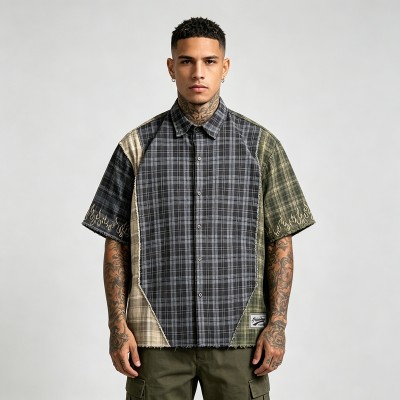 Woven Label Embroidered Plaid Short Sleeve Shirt | Raw Edge | 100% Cotton Plaid Fabric | Custom Streetwear
