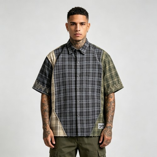 Woven Label Embroidered Plaid Short Sleeve Shirt | Raw Edge | 100% Cotton Plaid Fabric | Custom Streetwear