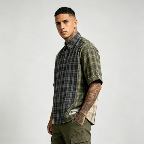 Woven Label Embroidered Plaid Short Sleeve Shirt | Raw Edge | 100% Cotton Plaid Fabric | Custom Streetwear