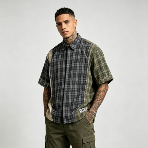 Woven Label Embroidered Plaid Short Sleeve Shirt | Raw Edge | 100% Cotton Plaid Fabric | Custom Streetwear