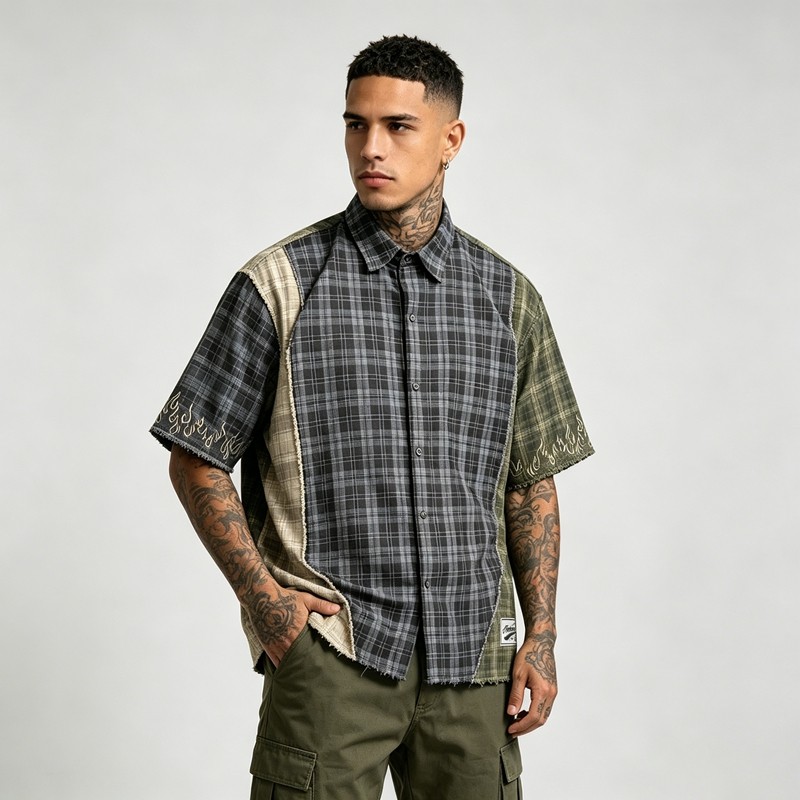 Woven Label Embroidered Plaid Short Sleeve Shirt