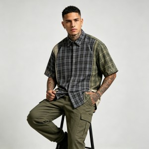 Woven Label Embroidered Plaid Short Sleeve Shirt | Raw Edge | 100% Cotton Plaid Fabric | Custom Streetwear