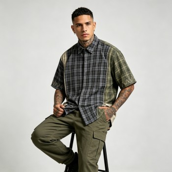 Woven Label Embroidered Plaid Short Sleeve Shirt | Raw Edge | 100% Cotton Plaid Fabric | Custom Streetwear