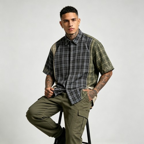 Woven Label Embroidered Plaid Short Sleeve Shirt | Raw Edge | 100% Cotton Plaid Fabric | Custom Streetwear