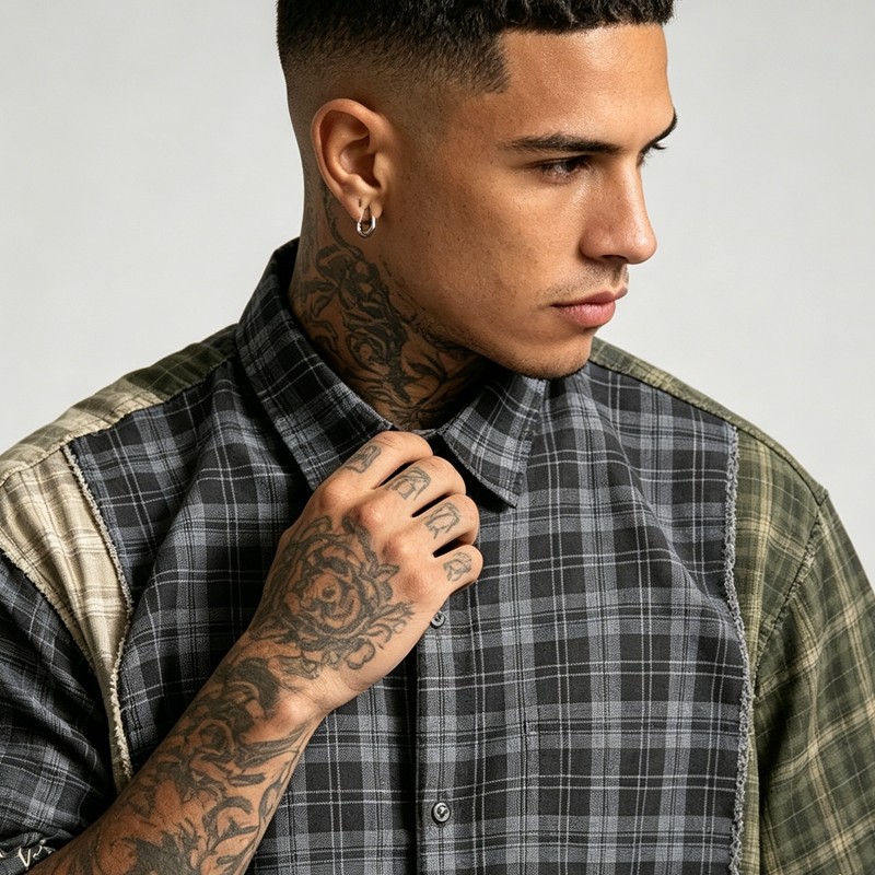 Woven Label Embroidered Plaid Short Sleeve Shirt