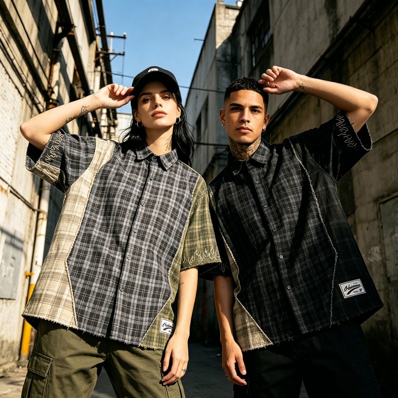 Woven Label Embroidered Plaid Short Sleeve Shirt