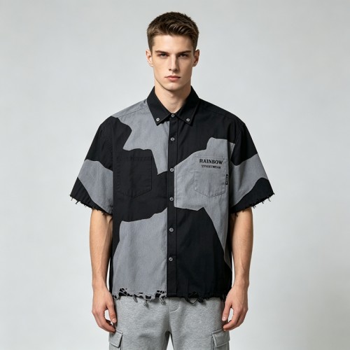 Short Sleeve Raw Edge Screen Print Shirt | Button Down Collar | 100% Cotton Two Chest Pockets | OEM Streetwear
