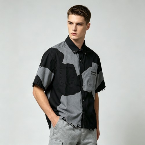 Short Sleeve Raw Edge Screen Print Shirt | Button Down Collar | 100% Cotton Two Chest Pockets | OEM Streetwear