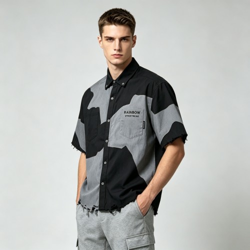 Short Sleeve Raw Edge Screen Print Shirt | Button Down Collar | 100% Cotton Two Chest Pockets | OEM Streetwear