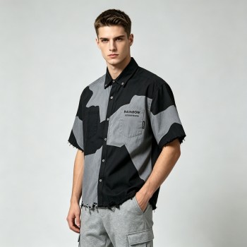 Short Sleeve Raw Edge Screen Print Shirt | Button Down Collar | 100% Cotton Two Chest Pockets | OEM Streetwear