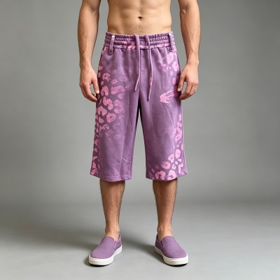 Purple Pink Leopard DTG Print Washed Capri Pants | Elastic Drawstring Waist | Casual Daily Streetwear | Custom Streetwear