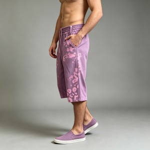 Purple Pink Leopard DTG Print Washed Capri Pants | Elastic Drawstring Waist | Casual Daily Streetwear | Custom Streetwear