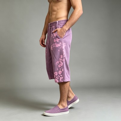 Purple Pink Leopard DTG Print Washed Capri Pants | Elastic Drawstring Waist | Casual Daily Streetwear | Custom Streetwear