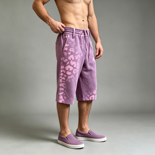 Purple Pink Leopard DTG Print Washed Capri Pants | Elastic Drawstring Waist | Casual Daily Streetwear | Custom Streetwear