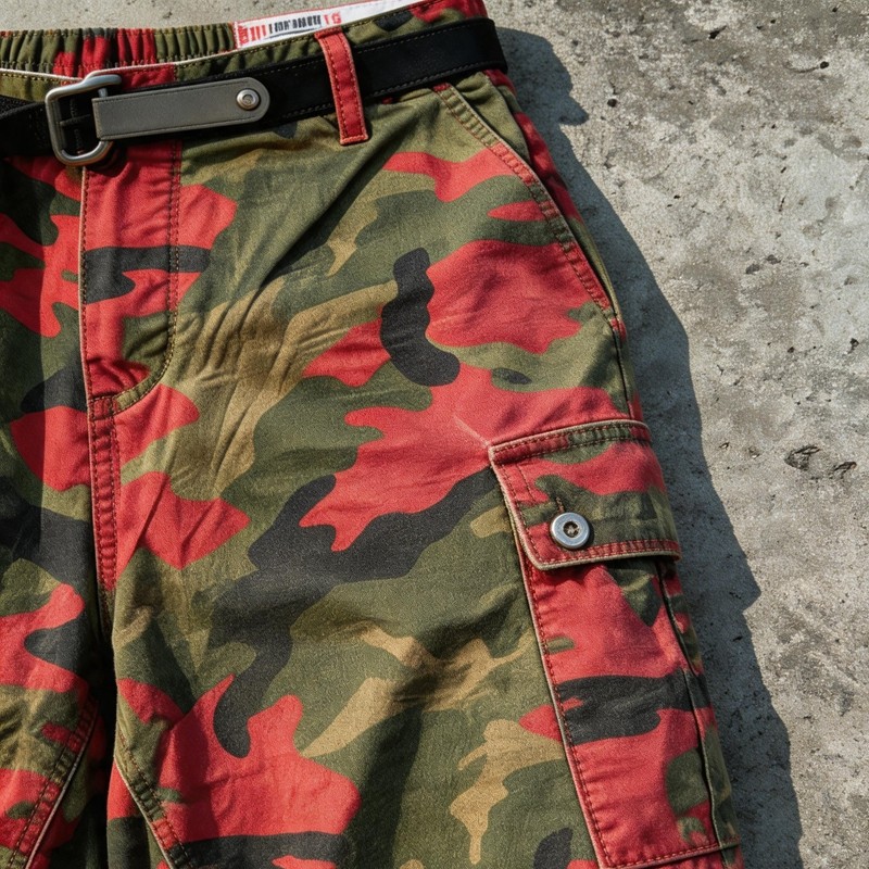 Red Camo Raw Edge Cargo Cropped Pants