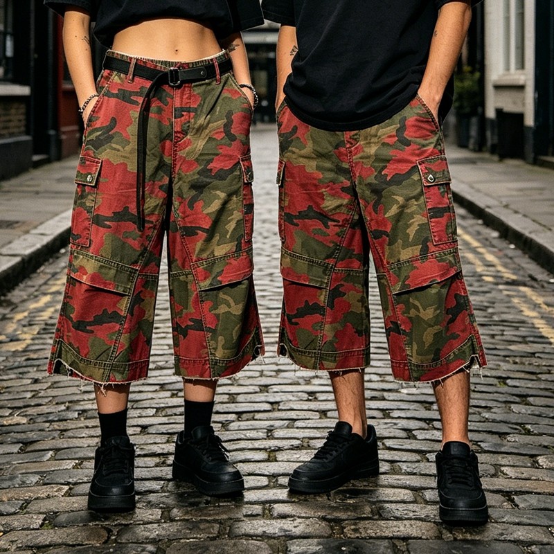 Red Camo Raw Edge Cargo Cropped Pants