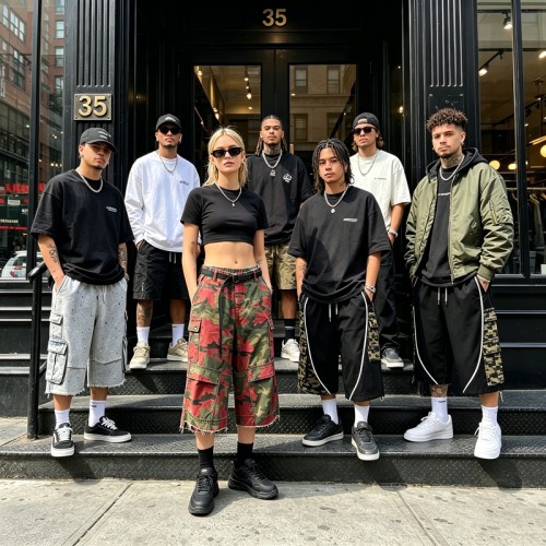 Red Camo Raw Edge Cargo Cropped Pants |  Multi-Pocket Elastic Waist | Daily Street Hip Hop Outfit |  Streetwear Manufacturer