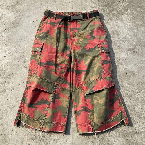 Red Camo Raw Edge Cargo Cropped Pants |  Multi-Pocket Elastic Waist | Daily Street Hip Hop Outfit |  Streetwear Manufacturer
