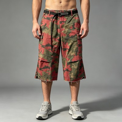 Red Camo Raw Edge Cargo Cropped Pants |  Multi-Pocket Elastic Waist | Daily Street Hip Hop Outfit |  Streetwear Manufacturer