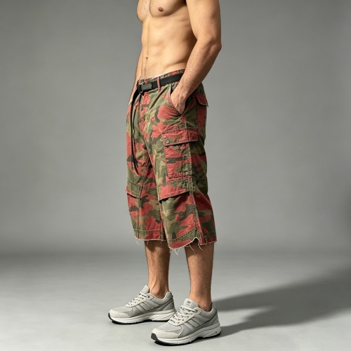 Red Camo Raw Edge Cargo Cropped Pants |  Multi-Pocket Elastic Waist | Daily Street Hip Hop Outfit |  Streetwear Manufacturer