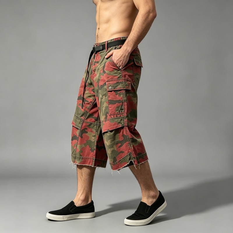 Red Camo Raw Edge Cargo Cropped Pants