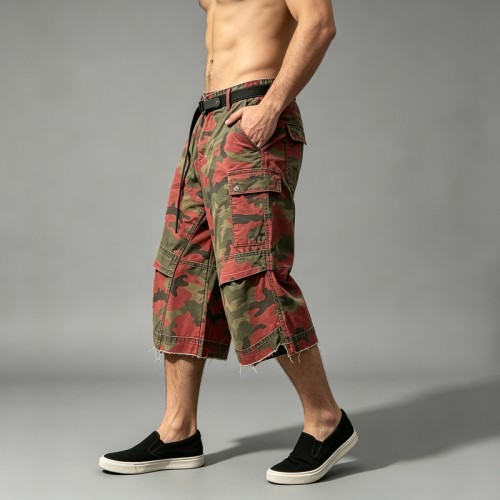 Red Camo Raw Edge Cargo Cropped Pants |  Multi-Pocket Elastic Waist | Daily Street Hip Hop Outfit |  Streetwear Manufacturer