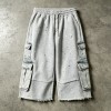 Patchwork Denim Pocket Splash Ink Raw Edge Capri Pants | Cotton Blend Elastic Waist | OEM Streetwear
