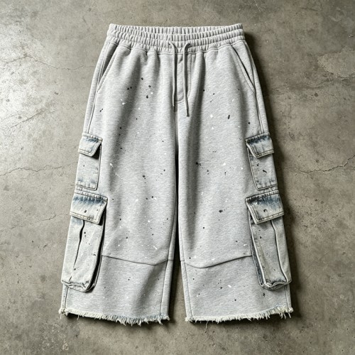 Patchwork Denim Pocket Splash Ink Raw Edge Capri Pants | Cotton Blend Elastic Waist | OEM Streetwear