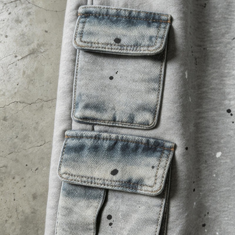 Patchwork Denim Pocket Splash Ink Raw Edge Capri Pants