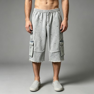Patchwork Denim Pocket Splash Ink Raw Edge Capri Pants | Cotton Blend Elastic Waist | OEM Streetwear