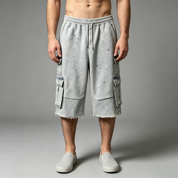 Patchwork Denim Pocket Splash Ink Raw Edge Capri Pants | Cotton Blend Elastic Waist | OEM Streetwear