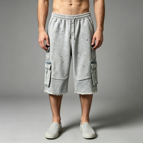 Patchwork Denim Pocket Splash Ink Raw Edge Capri Pants | Cotton Blend Elastic Waist | OEM Streetwear