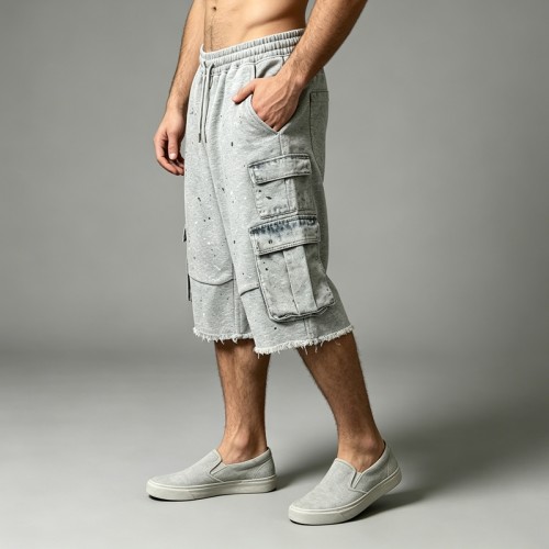 Patchwork Denim Pocket Splash Ink Raw Edge Capri Pants | Cotton Blend Elastic Waist | OEM Streetwear